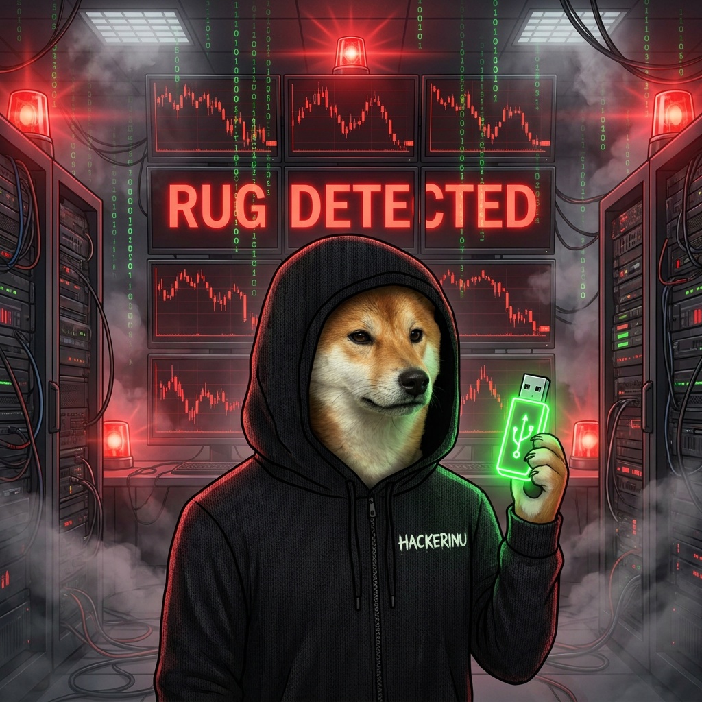 Hacker Inu in a server room with red alarms and rug detected screens